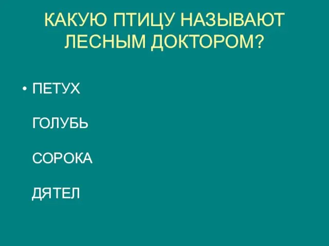 КАКУЮ ПТИЦУ НАЗЫВАЮТ ЛЕСНЫМ ДОКТОРОМ? ПЕТУХ ГОЛУБЬ СОРОКА ДЯТЕЛ