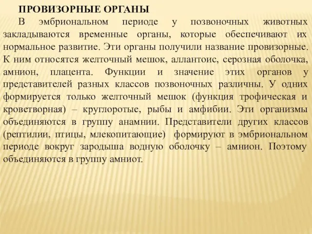 ПРОВИЗОРНЫЕ ОРГАНЫ В эмбриональном периоде у позвоночных животных закладываются временные