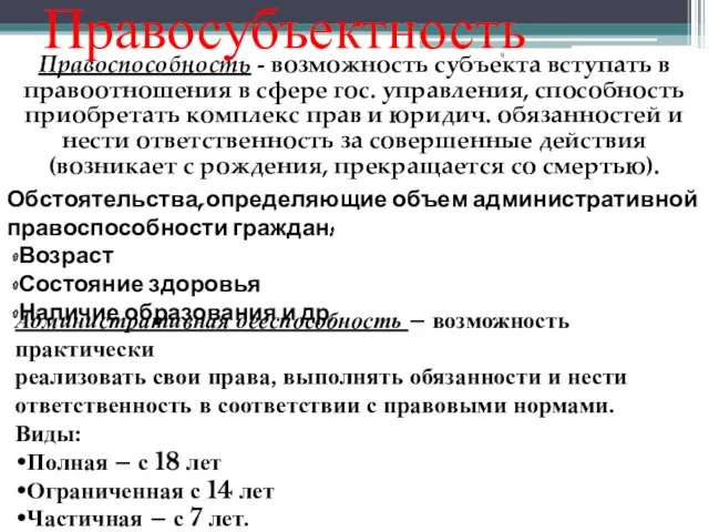 Правосубъектность Правоспособность - возможность субъекта вступать в правоотношения в сфере