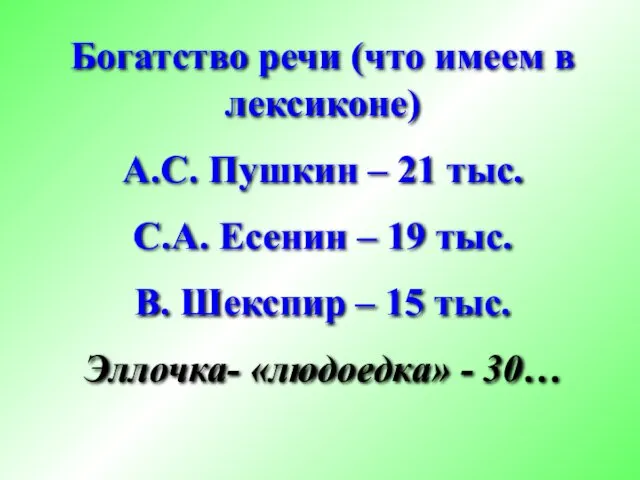 Богатство речи (что имеем в лексиконе) А.С. Пушкин – 21 тыс. С.А. Есенин