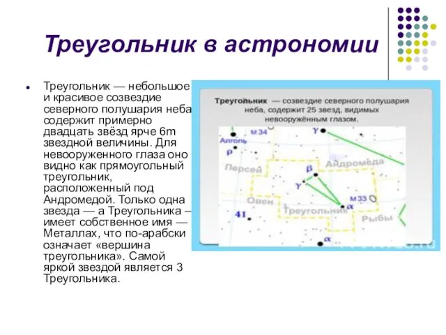 Треугольник в астрономии Треугольник — небольшое и красивое созвездие северного