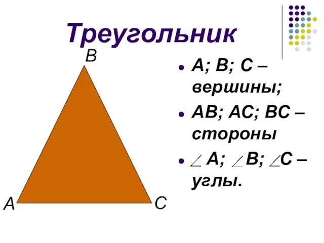 Треугольник А; В; С – вершины; АВ; АС; ВС –