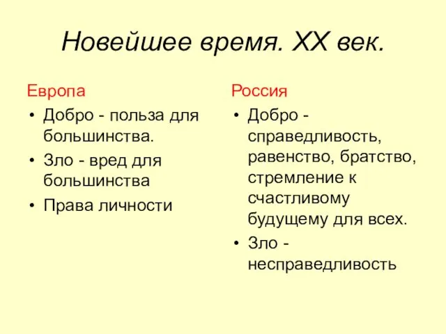 Новейшее время. XX век. Европа Добро - польза для большинства.