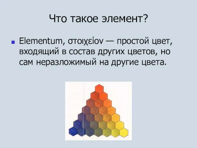 Что такое элемент? Elementum, στοιχείον — простой цвет, входящий в состав других цветов,