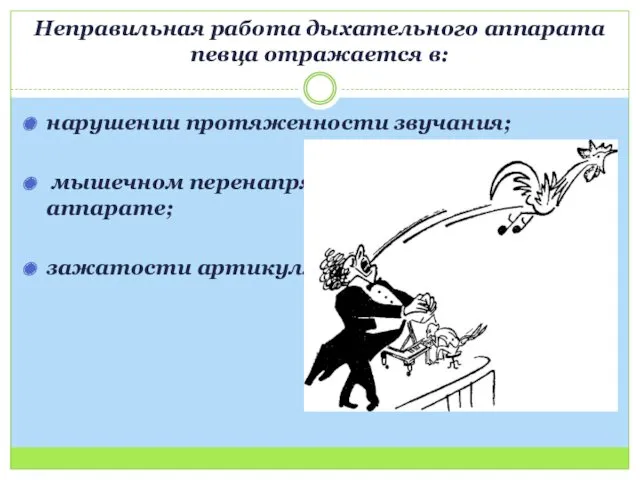 Неправильная работа дыхательного аппарата певца отражается в: нарушении протяженности звучания; мышечном перенапряжении в