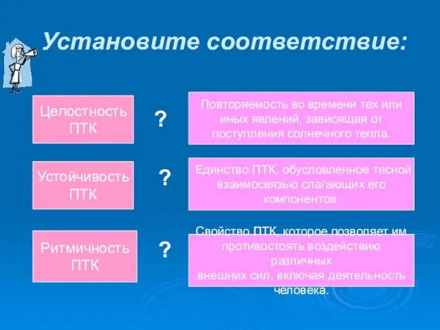 Установите соответствие: Устойчивость ПТК Ритмичность ПТК Целостность ПТК Повторяемость во