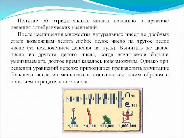 Понятие об отрицательных числах возникло в практике решения алгебраических уравнений.