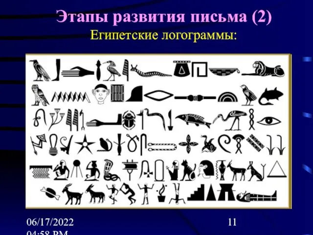 06/17/2022 04:58 PM Этапы развития письма (2) Египетские логограммы: