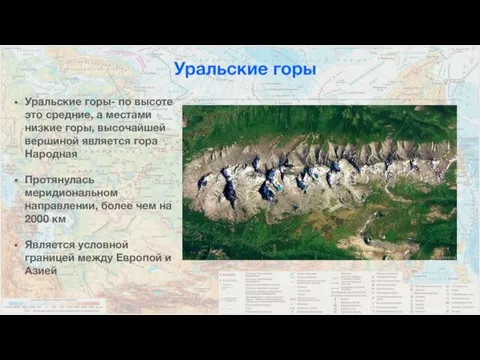 Уральские горы Уральские горы- по высоте это средние, а местами