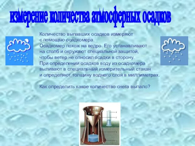 измерение количества атмосферных осадков Количество выпавших осадков измеряют с помощью