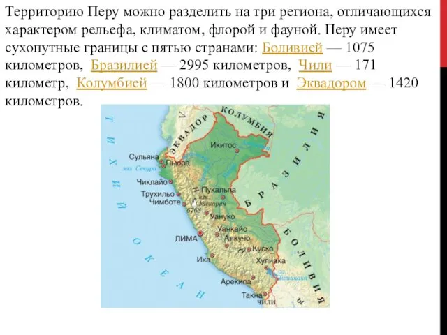 Территорию Перу можно разделить на три региона, отличающихся характером рельефа, климатом, флорой и