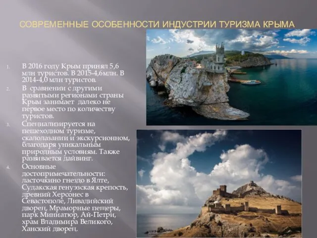 СОВРЕМЕННЫЕ ОСОБЕННОСТИ ИНДУСТРИИ ТУРИЗМА КРЫМА В 2016 году Крым принял 5,6 млн туристов.