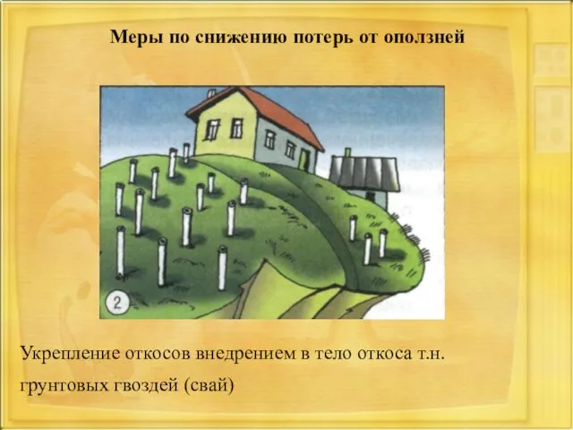 Укрепление откосов внедрением в тело откоса т.н. грунтовых гвоздей (свай) Меры по снижению потерь от оползней