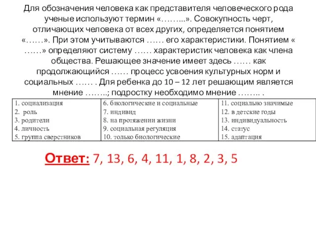 Для обозначения человека как представителя человеческого рода ученые используют термин «……...». Совокупность черт,