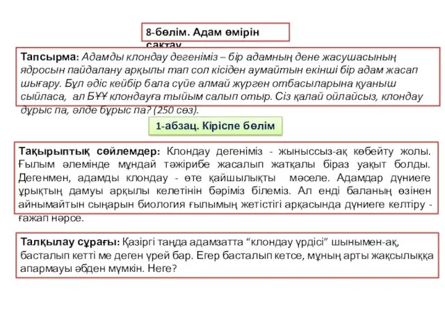 8-бөлім. Адам өмірін сақтау Тапсырма: Адамды клондау дегеніміз – бір