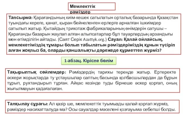 Мемлекттік рәміздер Тапсырма: Қарағандының киім-кешек сатылатын орталық базарында Қазақстан туындағы