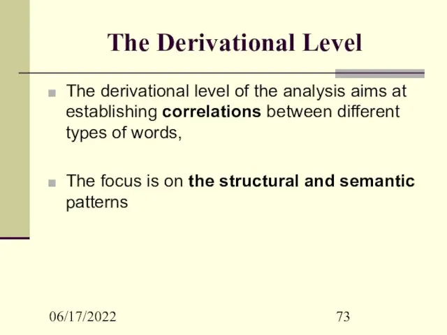 06/17/2022 The Derivational Level The derivational level of the analysis