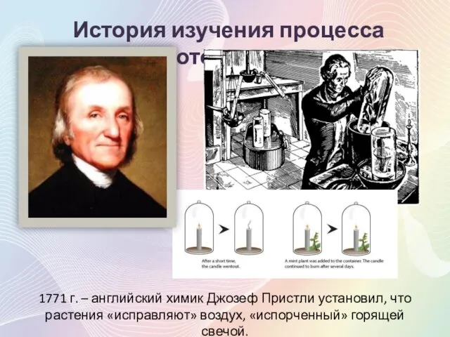 История изучения процесса фотосинтеза 1771 г. – английский химик Джозеф Пристли установил, что