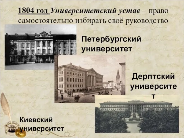 1804 год Университетский устав – право самостоятельно избирать своё руководство Петербургский университет Киевский университет Дерптский университет