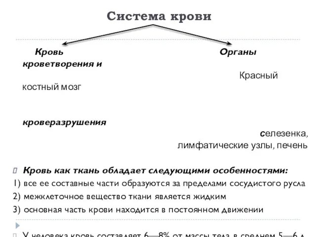 Система крови Кровь Органы кроветворения и Красный костный мозг кроверазрушения селезенка, лимфатические узлы,