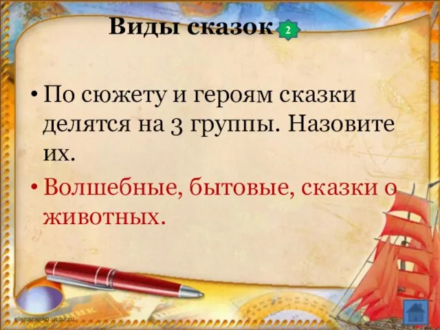 Виды сказок По сюжету и героям сказки делятся на 3