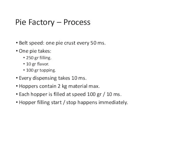 Pie Factory – Process Belt speed: one pie crust every