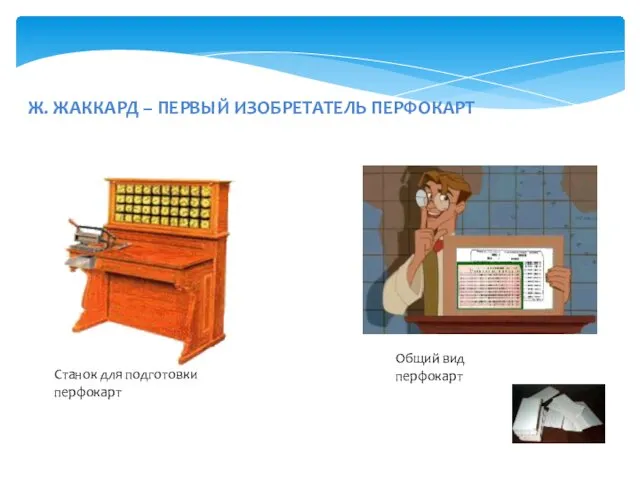 Ж. ЖАККАРД – ПЕРВЫЙ ИЗОБРЕТАТЕЛЬ ПЕРФОКАРТ Станок для подготовки перфокарт Общий вид перфокарт