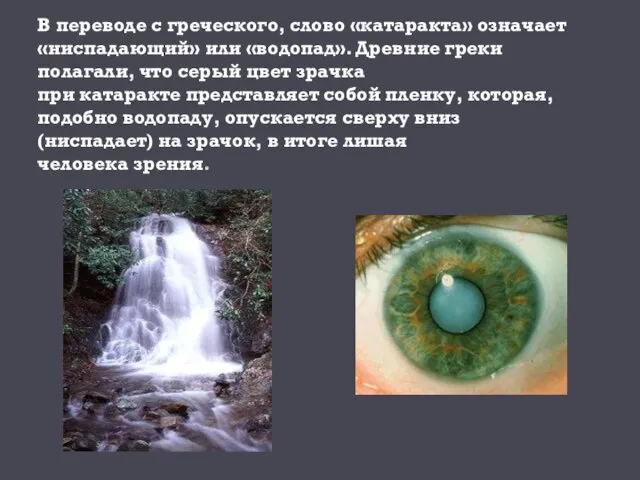 В переводе с греческого, слово «катаракта» означает «ниспадающий» или «водопад».