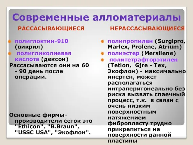 Современные алломатериалы РАССАСЫВАЮЩИЕСЯ полиглоктин-910 (викрил) полигликолиевая кислота (дексон) Рассасываются они