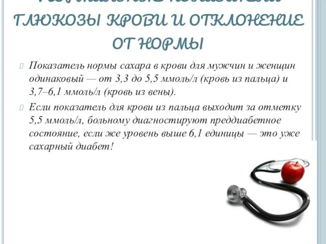 Нормальные показатели глюкозы крови и отклонение от нормы Показатель нормы