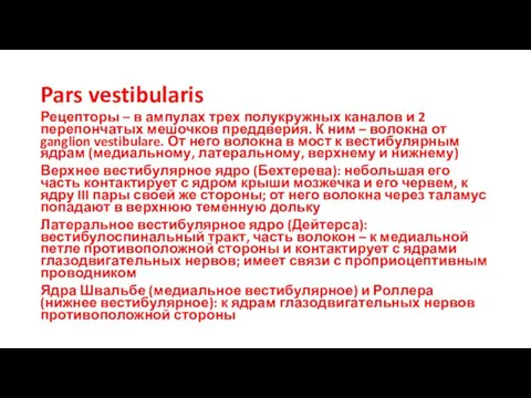 Pars vestibularis Рецепторы – в ампулах трех полукружных каналов и