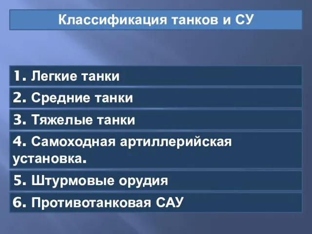 Классификация танков и СУ 1. Легкие танки 2. Средние танки