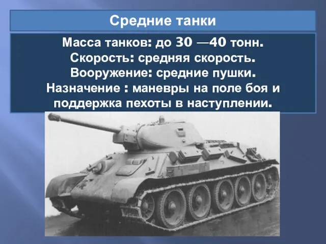 Средние танки Масса танков: до 30 —40 тонн. Скорость: средняя