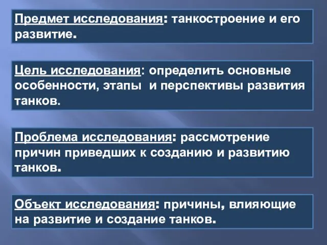 Проблема исследования: рассмотрение причин приведших к созданию и развитию танков.