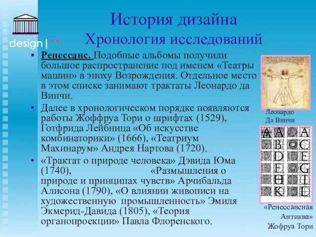 История дизайна Хронология исследований Ренессанс. Подобные альбомы получили большое распространение