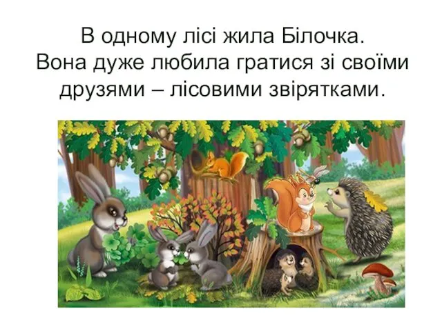 В одному лісі жила Білочка. Вона дуже любила гратися зі своїми друзями – лісовими звірятками.