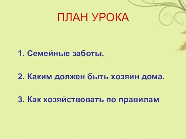 ПЛАН УРОКА 1. Семейные заботы. 2. Каким должен быть хозяин дома. 3. Как хозяйствовать по правилам