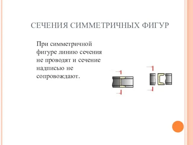 СЕЧЕНИЯ СИММЕТРИЧНЫХ ФИГУР При симметричной фигуре линию сечения не проводят и сечение надписью не сопровождают.