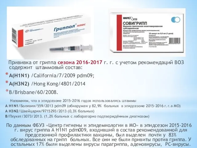 Прививка от гриппа сезона 2016-2017 г. г. с учетом рекомендаций ВОЗ содержит штаммовый