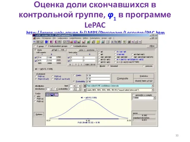 Оценка доли скончавшихся в контрольной группе, φ1 в программе LePAC http://www.univ-rouen.fr/LMRS/Persopage/Lecoutre/PAC.htm