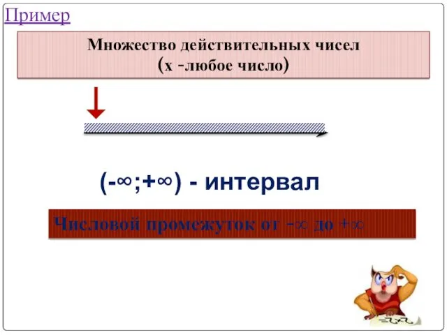 Множество действительных чисел (х -любое число) (-∞;+∞) - интервал Числовой промежуток от -∞ до +∞ Пример