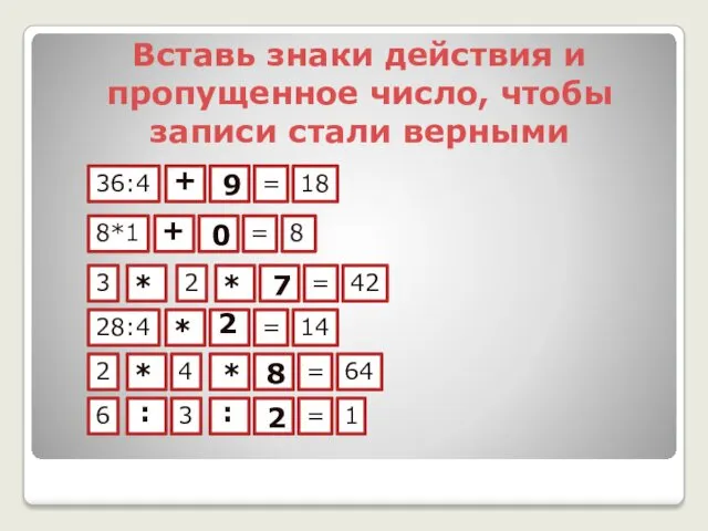 Вставь знаки действия и пропущенное число, чтобы записи стали верными