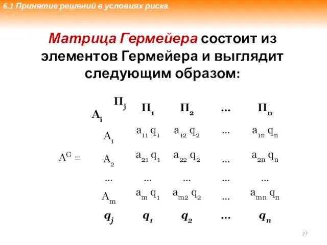 Матрица Гермейера состоит из элементов Гермейера и выглядит следующим образом: 6.1 Принятие решений в условиях риска