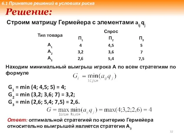 Решение: Строим матрицу Гермейера с элементами aij qj G1 = min (4; 4,5;