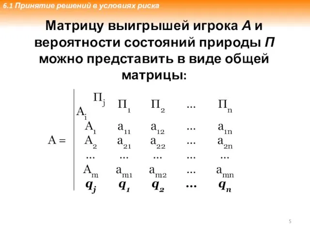 Матрицу выигрышей игрока А и вероятности состояний природы П можно представить в виде