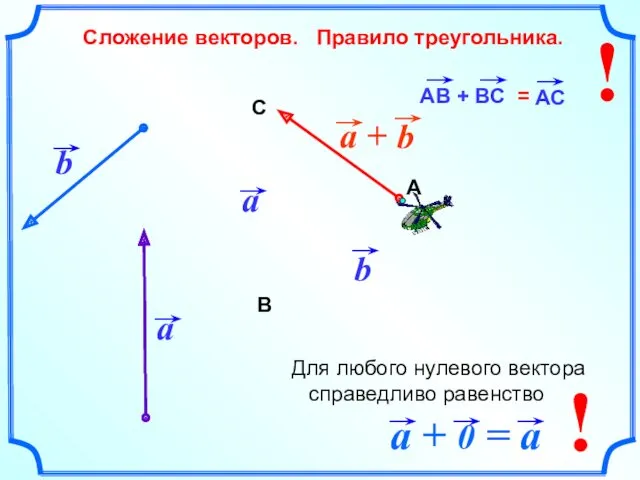 Сложение векторов. Правило треугольника. b А В С ! ! Для любого нулевого вектора справедливо равенство