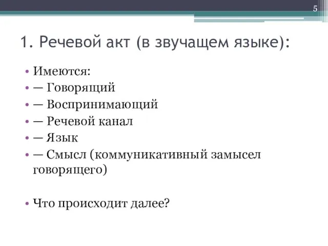 1. Речевой акт (в звучащем языке): Имеются: — Говорящий —