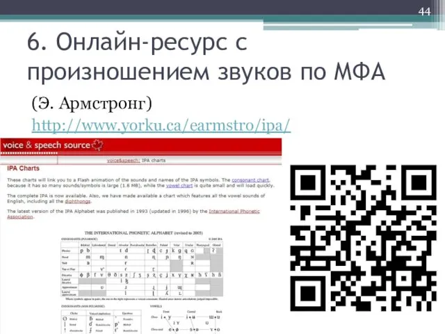 6. Онлайн-ресурс с произношением звуков по МФА (Э. Армстронг) http://www.yorku.ca/earmstro/ipa/