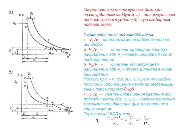 Теоретические циклы судовых дизелей с газотурбинным наддувом: а) – при импульсном подводе газов
