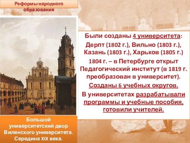 Реформы народного образования Были созданы 4 университета: Дерпт (1802 г.),